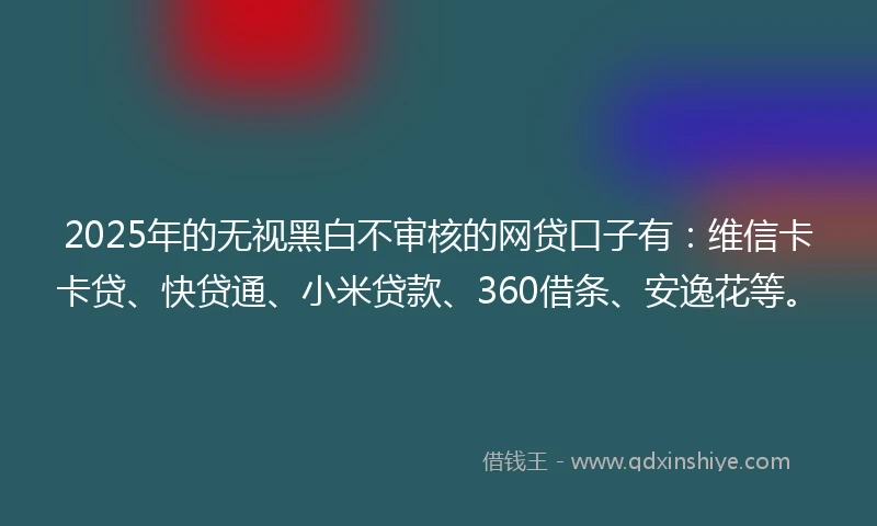 2025年的无视黑白不审核的网贷口子有：维信卡卡贷、快贷通、小米贷款、360借条、安逸花等。