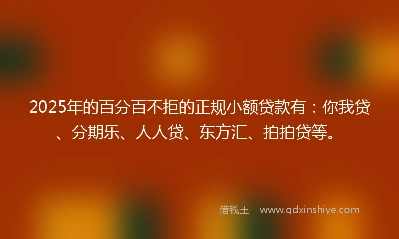 2025年的百分百不拒的正规小额贷款有：你我贷、分期乐、人人贷、东方汇、拍拍贷等。