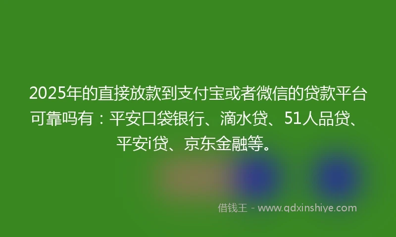 2025年的直接放款到支付宝或者微信的贷款平台可靠吗有：平安口袋银行、滴水贷、51人品贷、平安i贷、京东金融等。