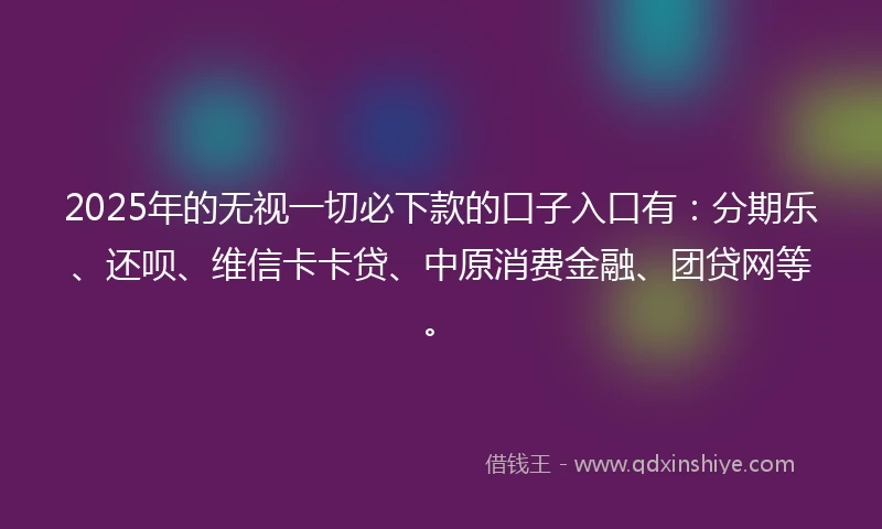 2025年的无视一切必下款的口子入口有：分期乐、还呗、维信卡卡贷、中原消费金融、团贷网等。