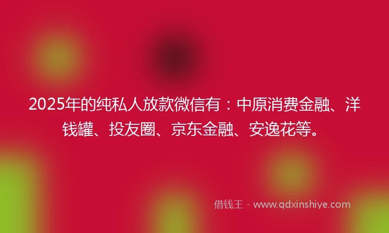 2025年的纯私人放款微信有：中原消费金融、洋钱罐、投友圈、京东金融、安逸花等。