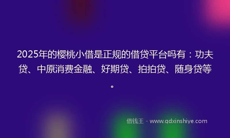 2025年的樱桃小借是正规的借贷平台吗有：功夫贷、中原消费金融、好期贷、拍拍贷、随身贷等。