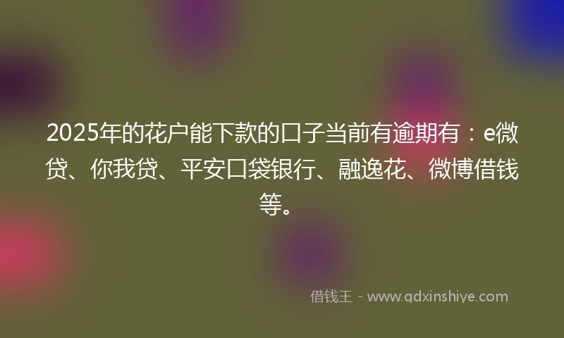 2025年的花户能下款的口子当前有逾期有：e微贷、你我贷、平安口袋银行、融逸花、微博借钱等。