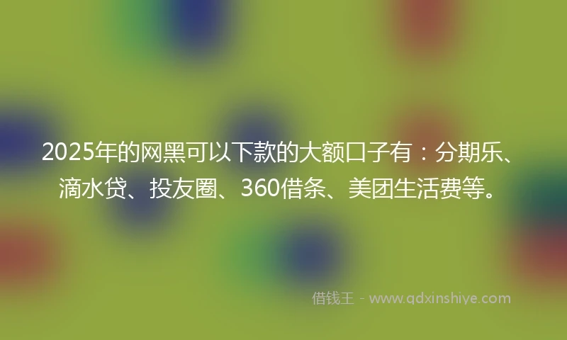 2025年的网黑可以下款的大额口子有：分期乐、滴水贷、投友圈、360借条、美团生活费等。