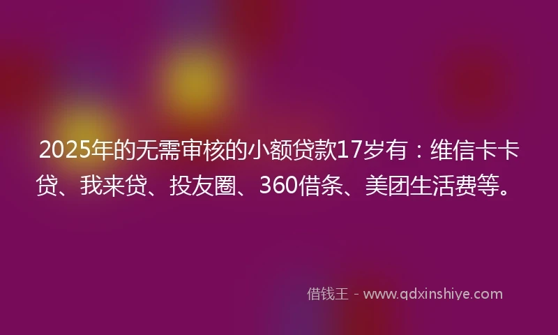 2025年的无需审核的小额贷款17岁有：维信卡卡贷、我来贷、投友圈、360借条、美团生活费等。