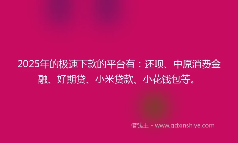 2025年的极速下款的平台有：还呗、中原消费金融、好期贷、小米贷款、小花钱包等。