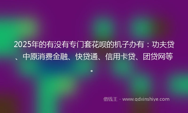 2025年的有没有专门套花呗的机子办有：功夫贷、中原消费金融、快贷通、信用卡贷、团贷网等。