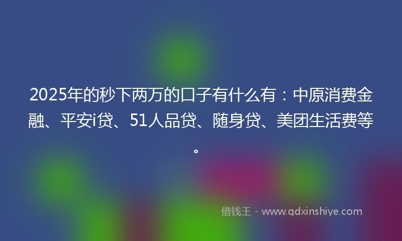 2025年的秒下两万的口子有什么有：中原消费金融、平安i贷、51人品贷、随身贷、美团生活费等。