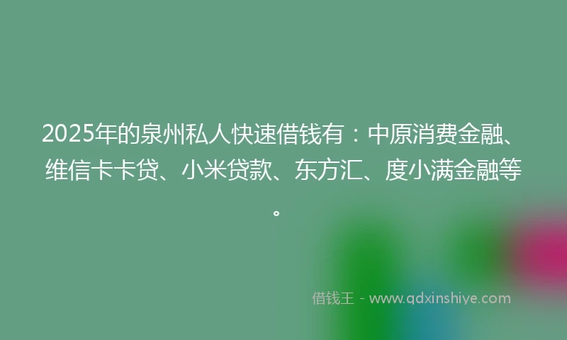 2025年的泉州私人快速借钱有：中原消费金融、维信卡卡贷、小米贷款、东方汇、度小满金融等。
