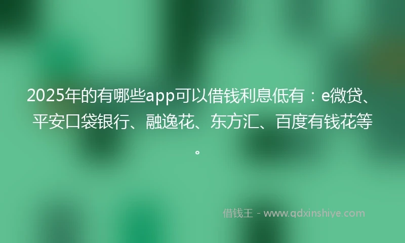 2025年的有哪些app可以借钱利息低有:e微贷、平安口袋银行、融逸花、东方汇、百度有钱花等。