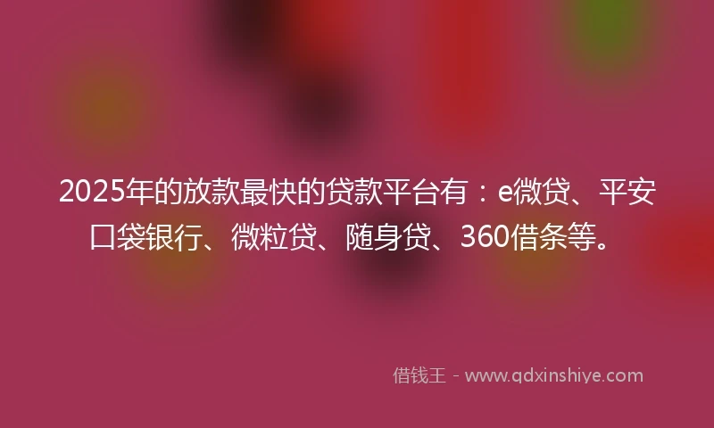 2025年的放款最快的贷款平台有：e微贷、平安口袋银行、微粒贷、随身贷、360借条等。