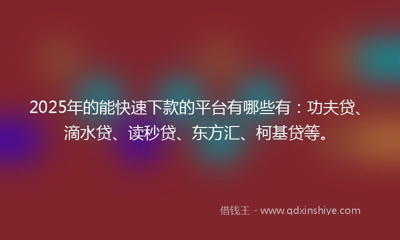 2025年的能快速下款的平台有哪些有：功夫贷、滴水贷、读秒贷、东方汇、柯基贷等。