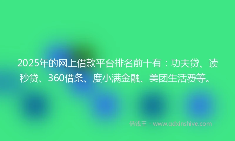 2025年的网上借款平台排名前十有：功夫贷、读秒贷、360借条、度小满金融、美团生活费等。
