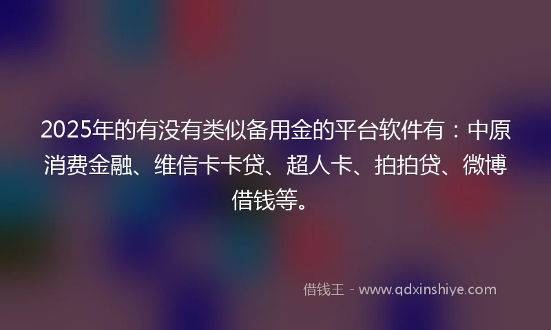 2025年的有没有类似备用金的平台软件有：中原消费金融、维信卡卡贷、超人卡、拍拍贷、微博借钱等。