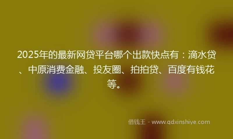 2025年的最新网贷平台哪个出款快点有：滴水贷、中原消费金融、投友圈、拍拍贷、百度有钱花等。
