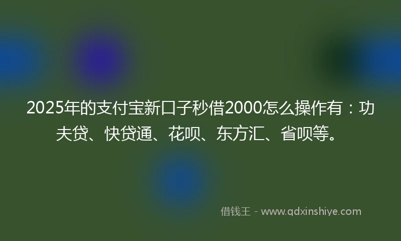 2025年的支付宝新口子秒借2000怎么操作有：功夫贷、快贷通、花呗、东方汇、省呗等。