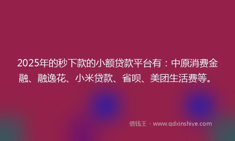 2025年的秒下款的小额贷款平台有：中原消费金融、融逸花、小米贷款、省呗、美团生活费等。