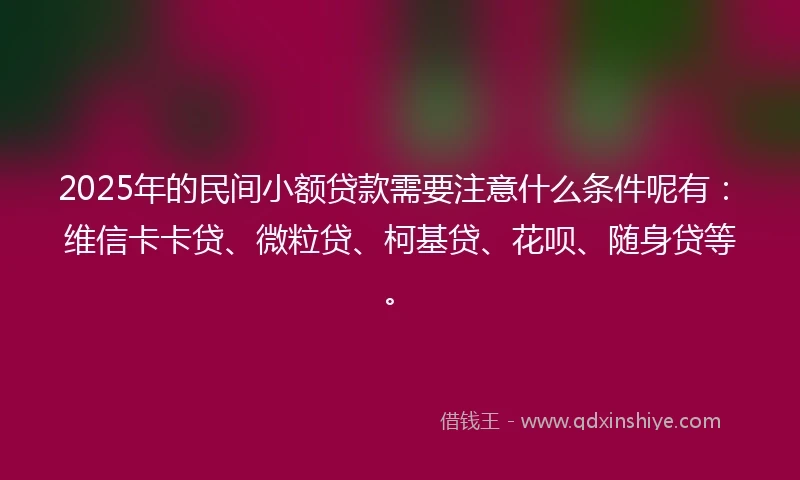 2025年的民间小额贷款需要注意什么条件呢有：维信卡卡贷、微粒贷、柯基贷、花呗、随身贷等。