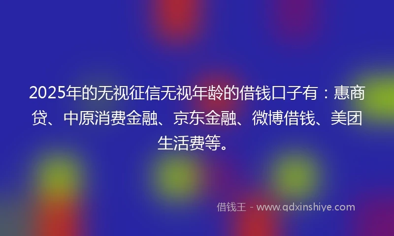 2025年的无视征信无视年龄的借钱口子有：惠商贷、中原消费金融、京东金融、微博借钱、美团生活费等。