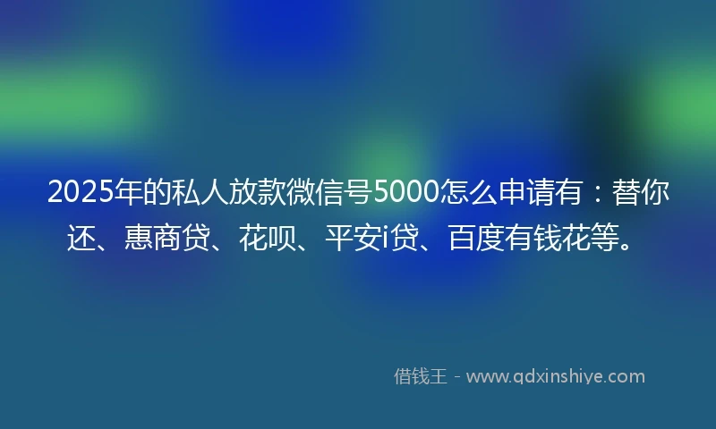 2025年的私人放款微信号5000怎么申请有：替你还、惠商贷、花呗、平安i贷、百度有钱花等。