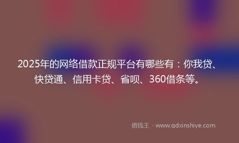 2025年的网络借款正规平台有哪些有：你我贷、快贷通、信用卡贷、省呗、360借条等。