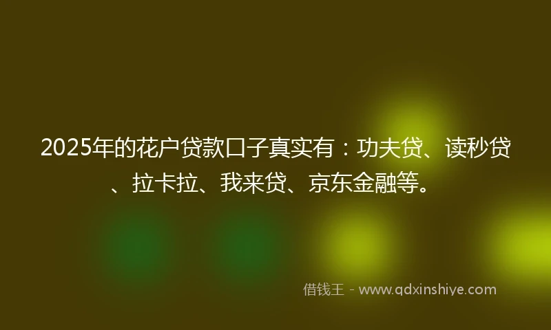 2025年的花户贷款口子真实有：功夫贷、读秒贷、拉卡拉、我来贷、京东金融等。