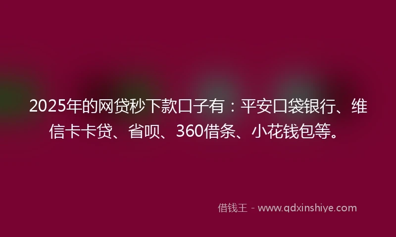 2025年的网贷秒下款口子有:平安口袋银行、维信卡卡贷、省呗、360借条、小花钱包等。