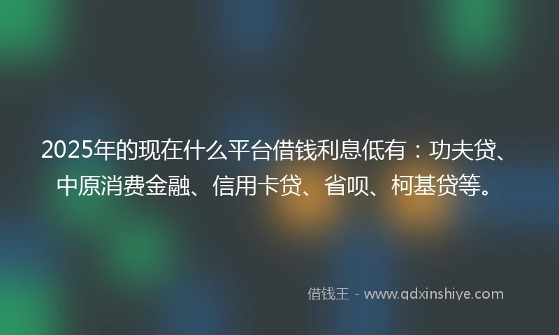 2025年的现在什么平台借钱利息低有:功夫贷、中原消费金融、信用卡贷、省呗、柯基贷等。