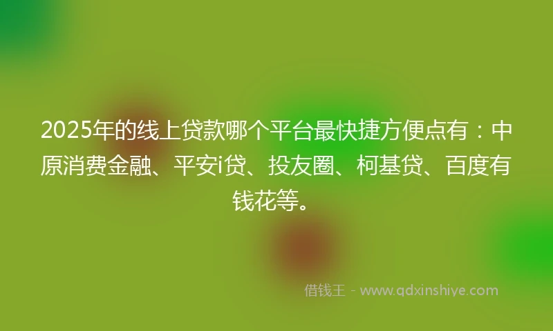 2025年的线上贷款哪个平台最快捷方便点有：中原消费金融、平安i贷、投友圈、柯基贷、百度有钱花等。