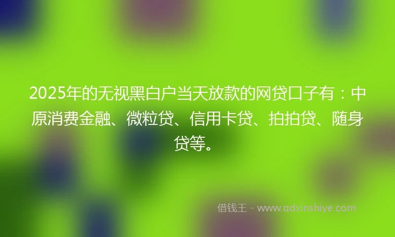 2025年的无视黑白户当天放款的网贷口子有：中原消费金融、微粒贷、信用卡贷、拍拍贷、随身贷等。
