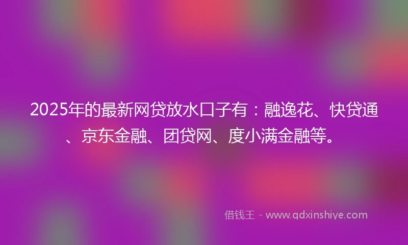 2025年的最新网贷放水口子有:融逸花、快贷通、京东金融、团贷网、度小满金融等。