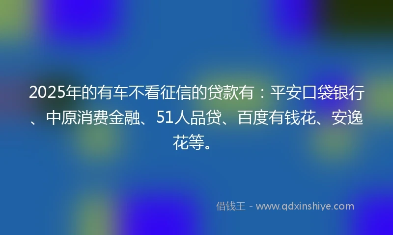 2025年的有车不看征信的贷款有：平安口袋银行、中原消费金融、51人品贷、百度有钱花、安逸花等。