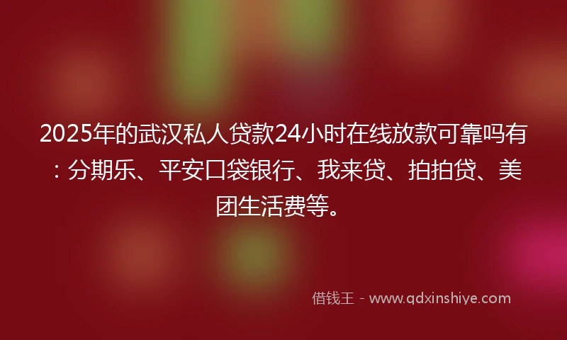 2025年的武汉私人贷款24小时在线放款可靠吗有：分期乐、平安口袋银行、我来贷、拍拍贷、美团生活费等。
