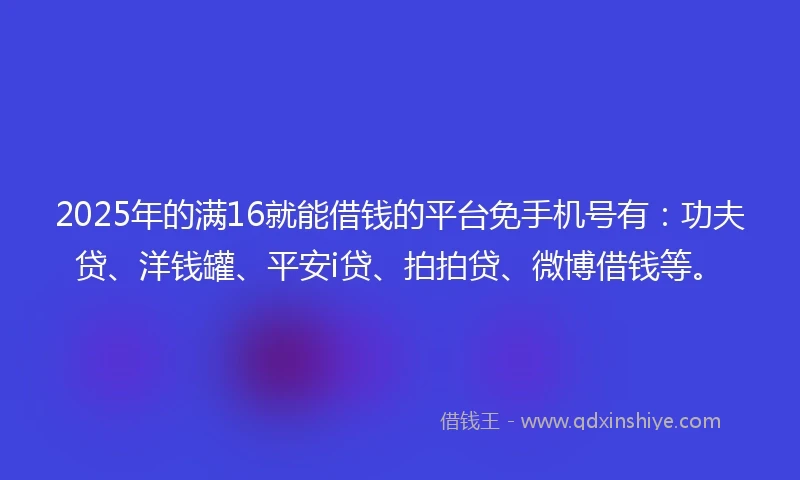 2025年的满16就能借钱的平台免手机号有：功夫贷、洋钱罐、平安i贷、拍拍贷、微博借钱等。