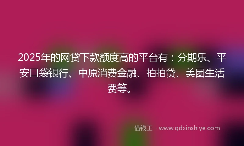 2025年的网贷下款额度高的平台有：分期乐、平安口袋银行、中原消费金融、拍拍贷、美团生活费等。