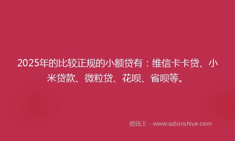 2025年的比较正规的小额贷有：维信卡卡贷、小米贷款、微粒贷、花呗、省呗等。
