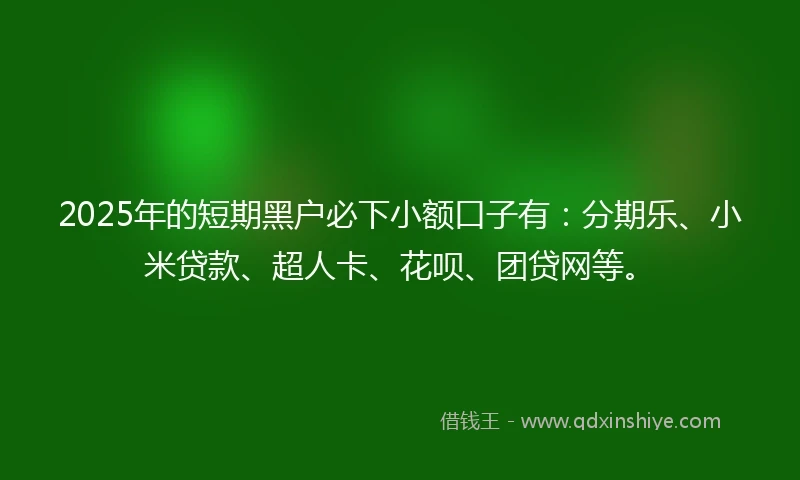 2025年的短期黑户必下小额口子有：分期乐、小米贷款、超人卡、花呗、团贷网等。