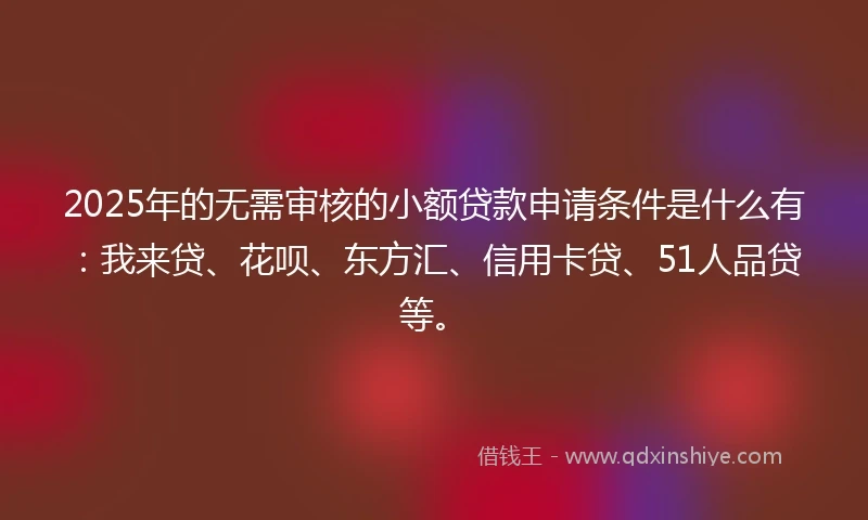 2025年的无需审核的小额贷款申请条件是什么有：我来贷、花呗、东方汇、信用卡贷、51人品贷等。