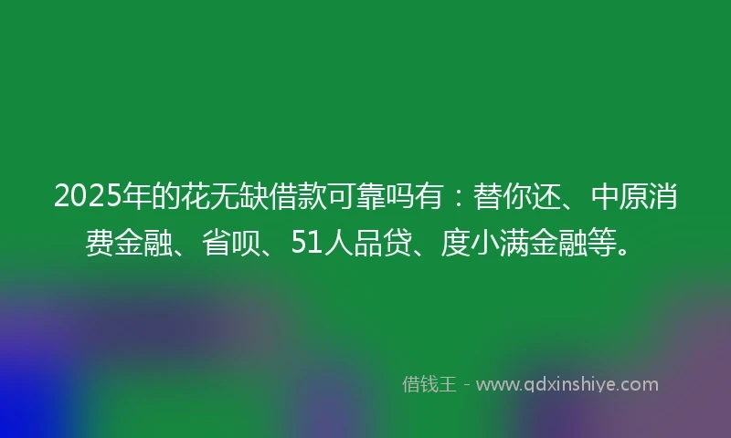 2025年的花无缺借款可靠吗有：替你还、中原消费金融、省呗、51人品贷、度小满金融等。