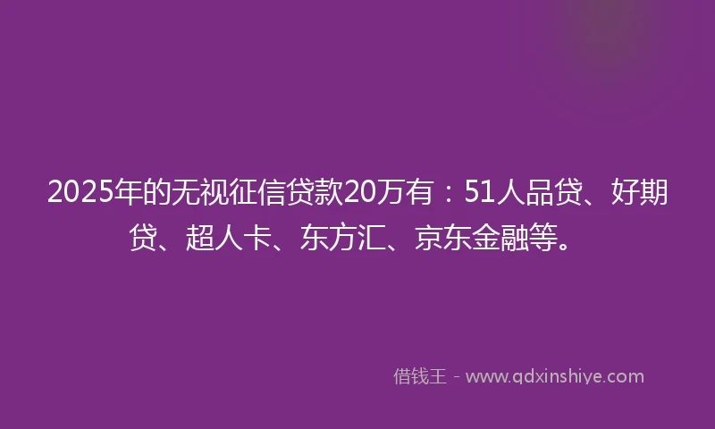 2025年的无视征信贷款20万有：51人品贷、好期贷、超人卡、东方汇、京东金融等。