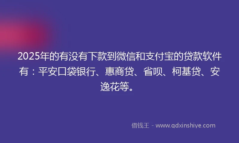 2025年的有没有下款到微信和支付宝的贷款软件有:平安口袋银行、惠商贷、省呗、柯基贷、安逸花等。