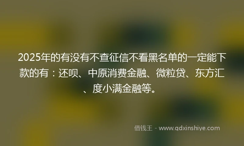 2025年的有没有不查征信不看黑名单的一定能下款的有：还呗、中原消费金融、微粒贷、东方汇、度小满金融等。