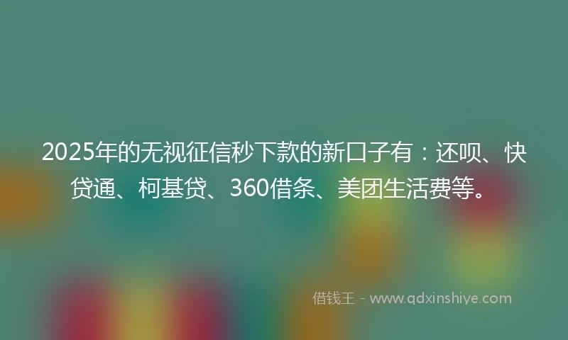2025年的无视征信秒下款的新口子有：还呗、快贷通、柯基贷、360借条、美团生活费等。