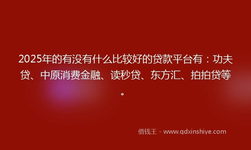 2025年的有没有什么比较好的贷款平台有：功夫贷、中原消费金融、读秒贷、东方汇、拍拍贷等。