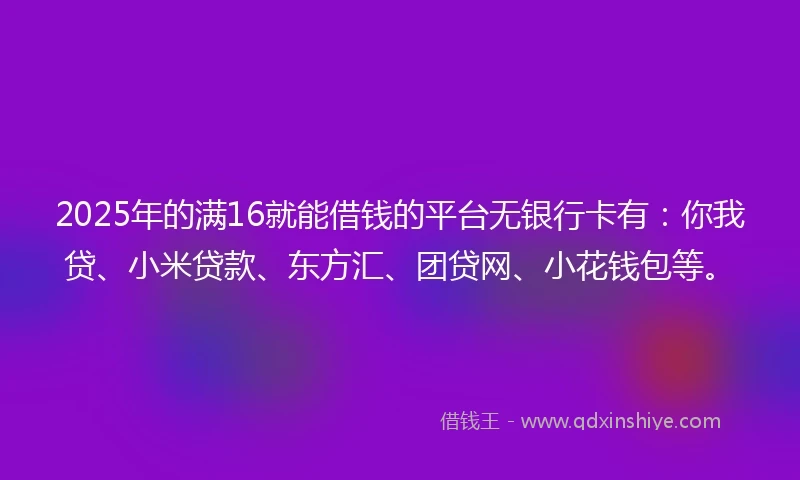 2025年的满16就能借钱的平台无银行卡有：你我贷、小米贷款、东方汇、团贷网、小花钱包等。