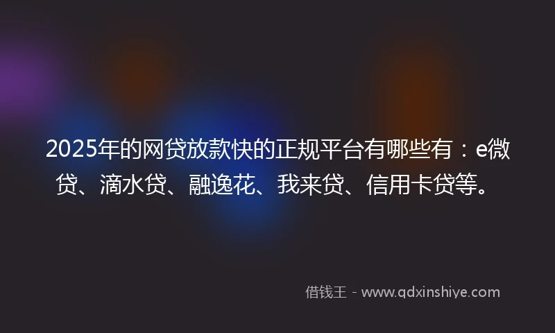 2025年的网贷放款快的正规平台有哪些有：e微贷、滴水贷、融逸花、我来贷、信用卡贷等。
