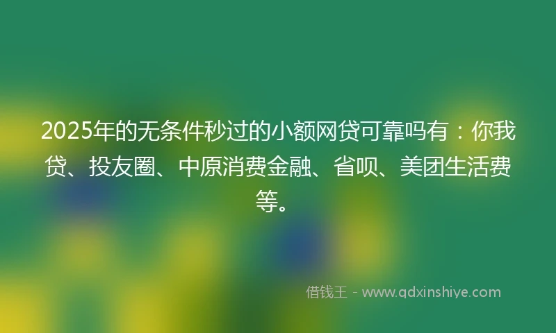 2025年的无条件秒过的小额网贷可靠吗有：你我贷、投友圈、中原消费金融、省呗、美团生活费等。