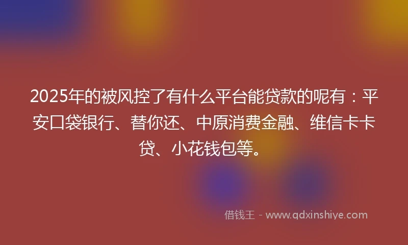 2025年的被风控了有什么平台能贷款的呢有：平安口袋银行、替你还、中原消费金融、维信卡卡贷、小花钱包等。
