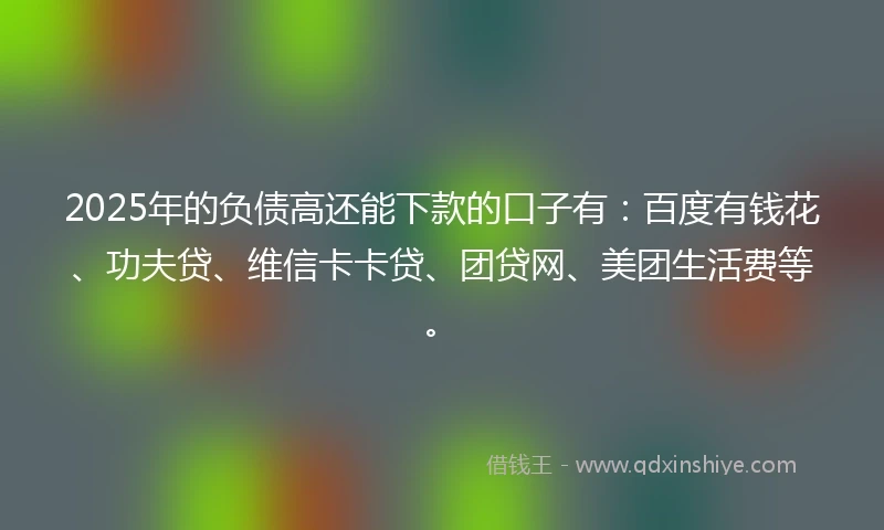 2025年的负债高还能下款的口子有：百度有钱花、功夫贷、维信卡卡贷、团贷网、美团生活费等。