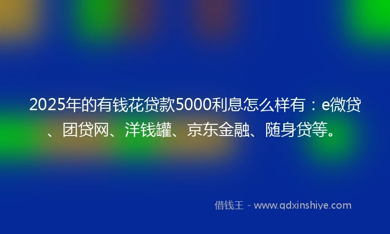2025年的有钱花贷款5000利息怎么样有：e微贷、团贷网、洋钱罐、京东金融、随身贷等。